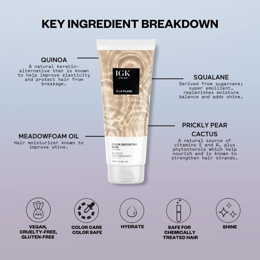 IGK gloss-toner Light Sand packaging emphasizes vegan and cruelty-free formula