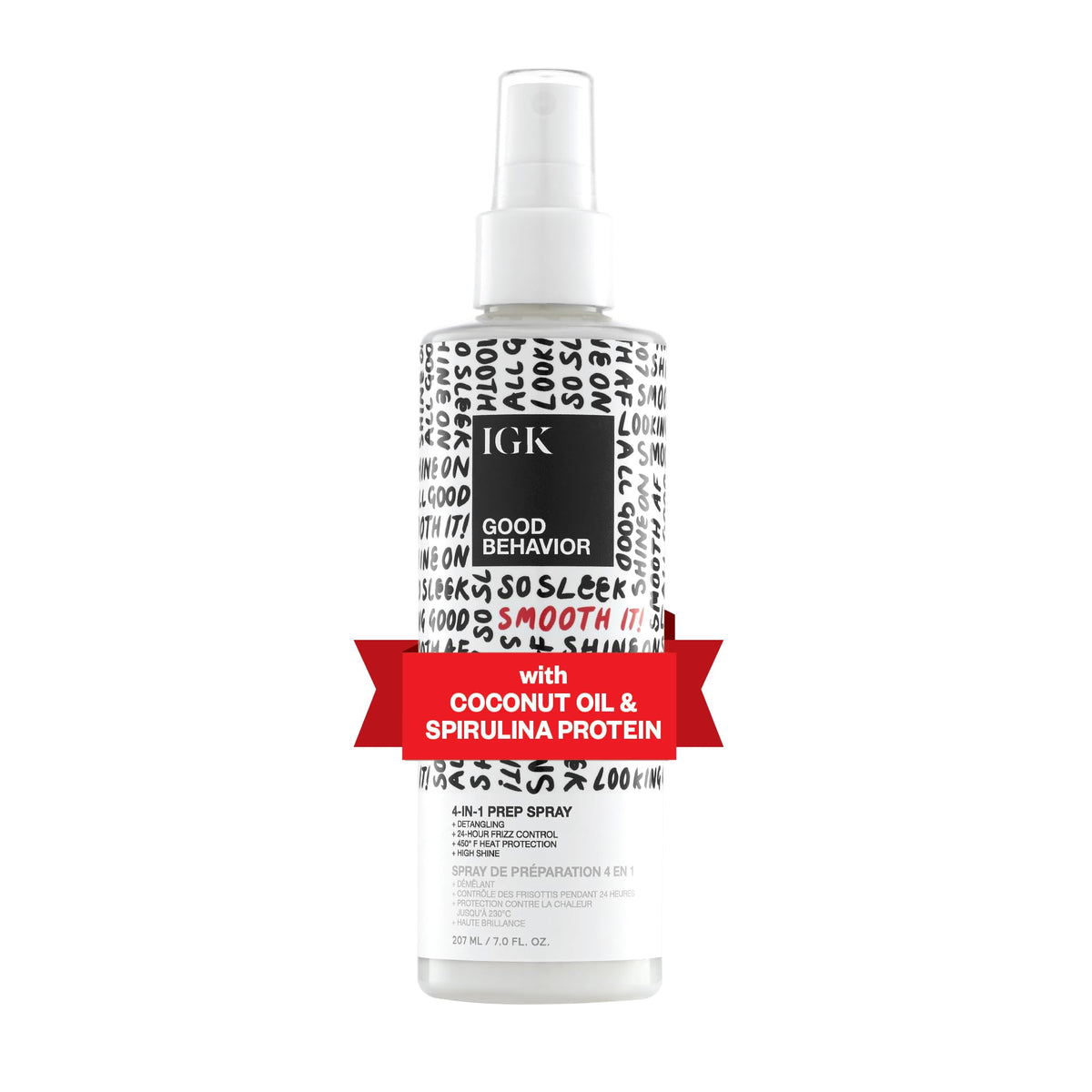 IGK Good Behavior bottle close-up, showcasing 4-in-1 prep spray for detangling.