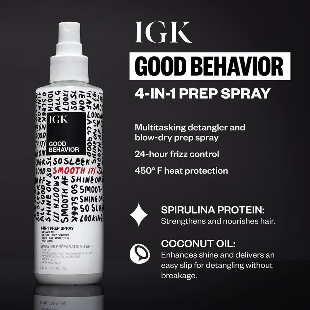 IGK Good Behavior 4-in-1 Prep Spray bottle angled showing detangling before styling.