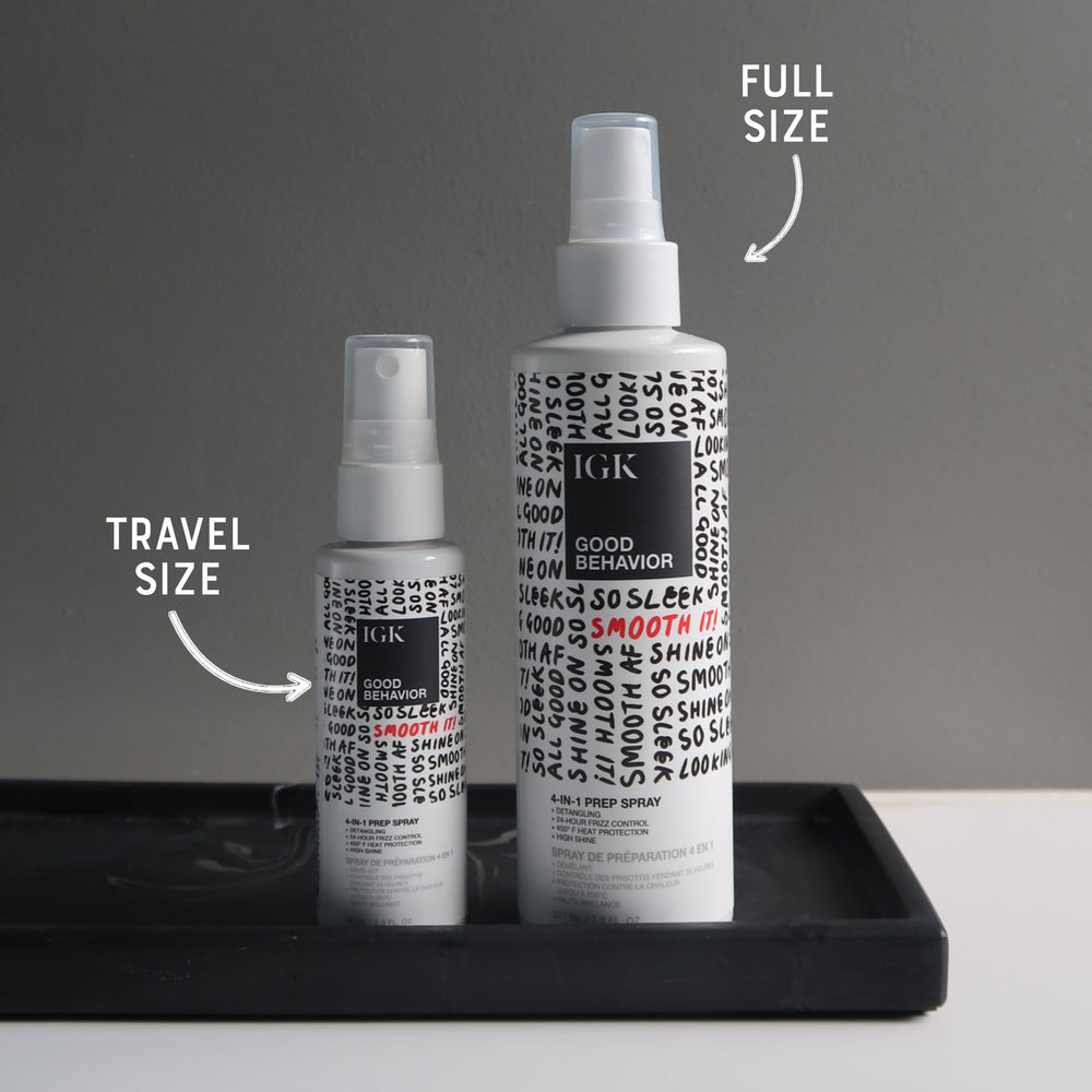 IGK Good Behavior 4-in-1 Prep Spray bottle front for weightless shine and heat protection.