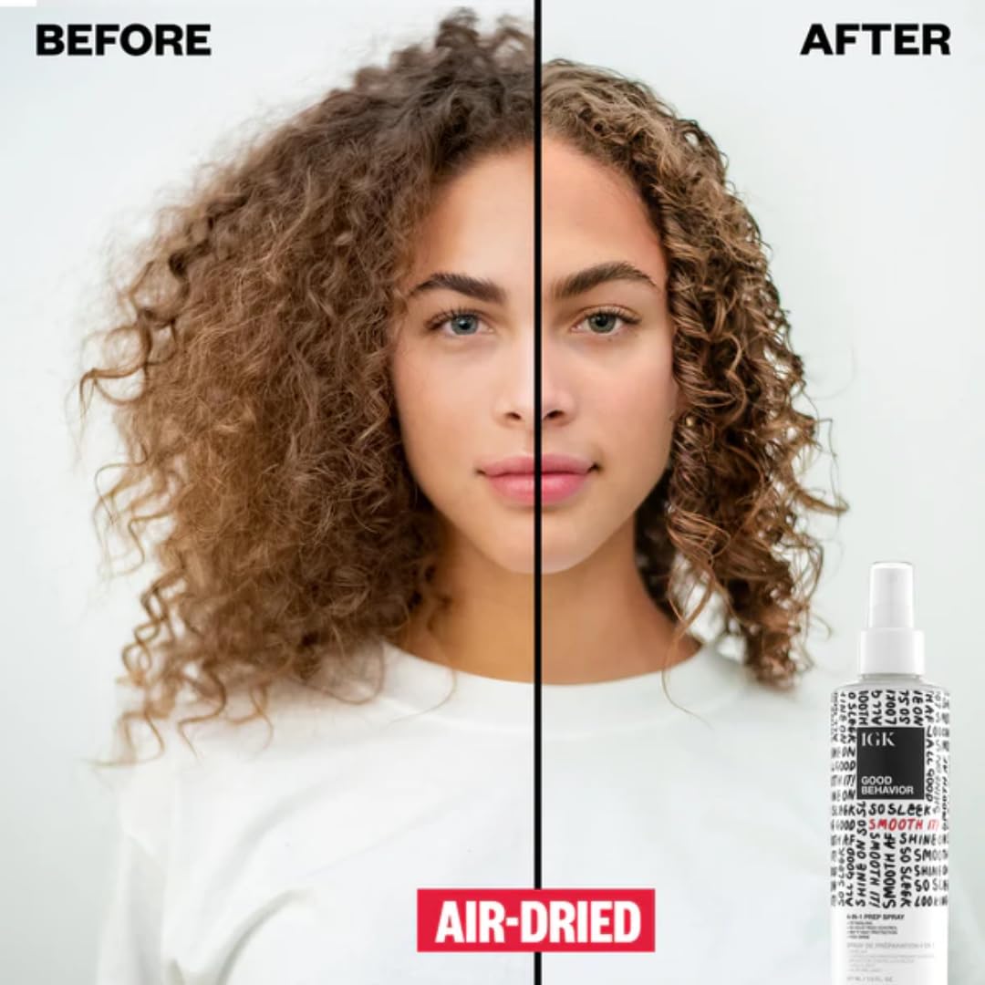 IGK Good Behavior 4-in-1 Prep Spray on hair for added shine and slip.