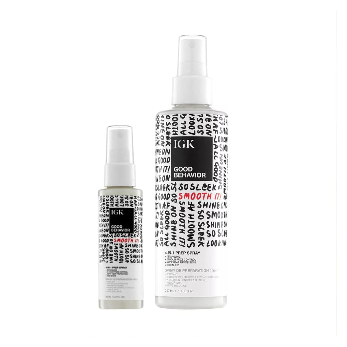 IGK Good Behavior 4-in-1 Prep Spray pack of 2 bottles enabling detangle and frizz control.