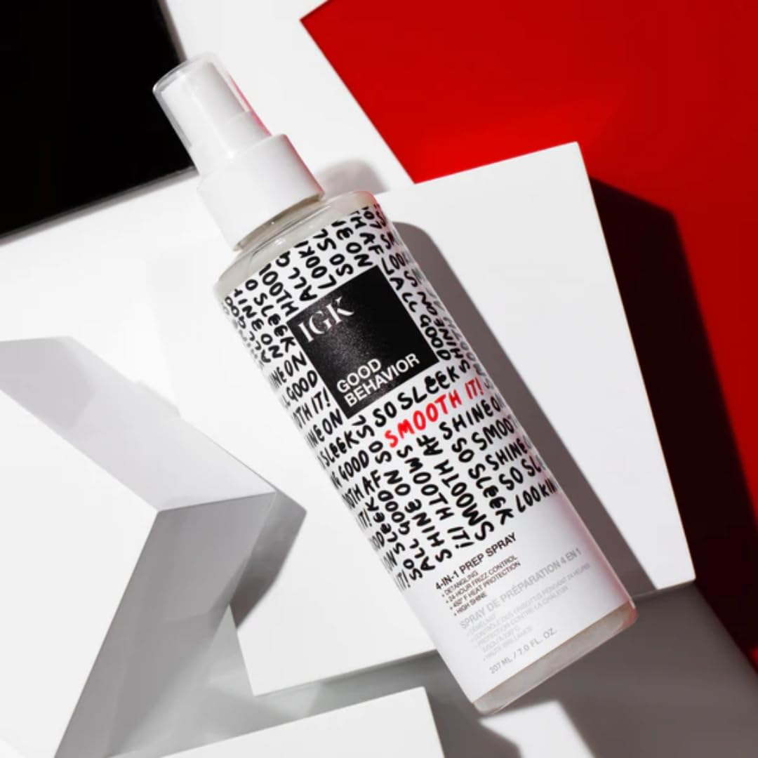 IGK Good Behavior 4-in-1 Prep Spray packaging highlights vegan, cruelty-free, and sulfate-free features.