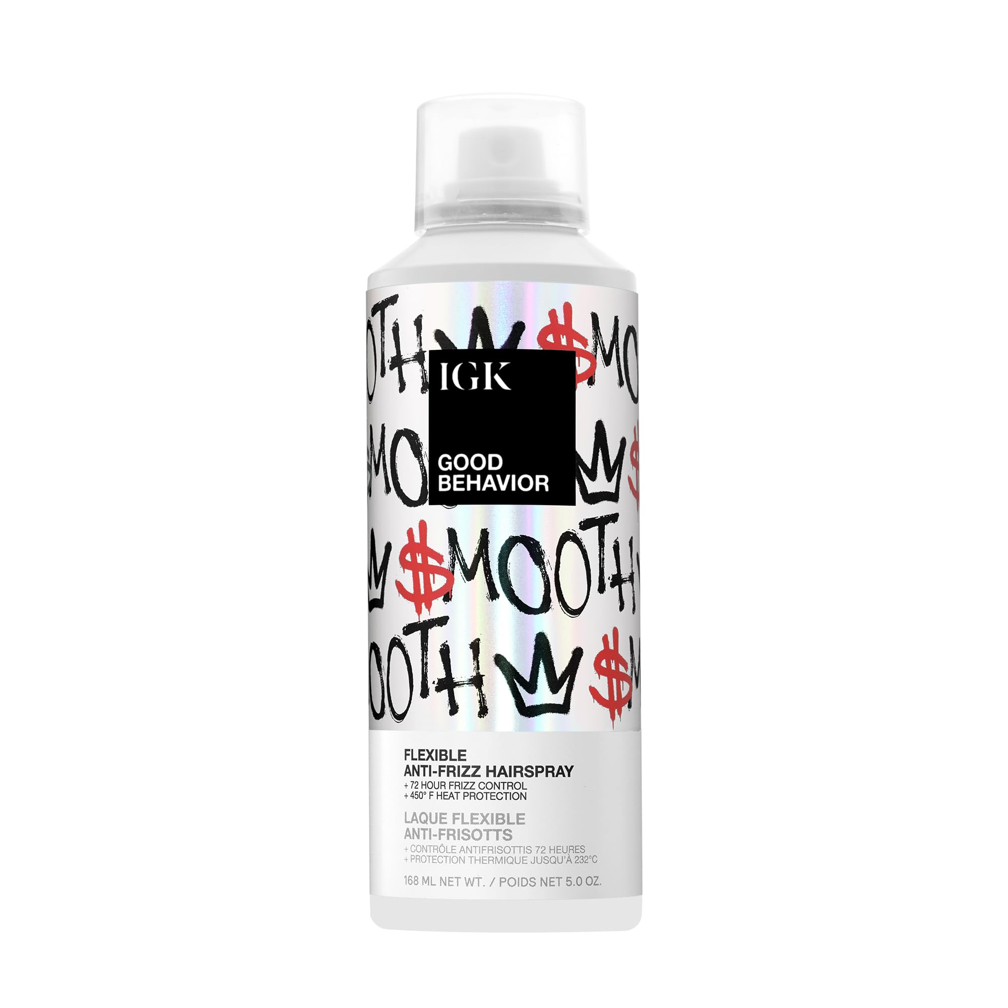 IGK Good Behavior flexible hairspray bottle demonstrates long-lasting frizz control