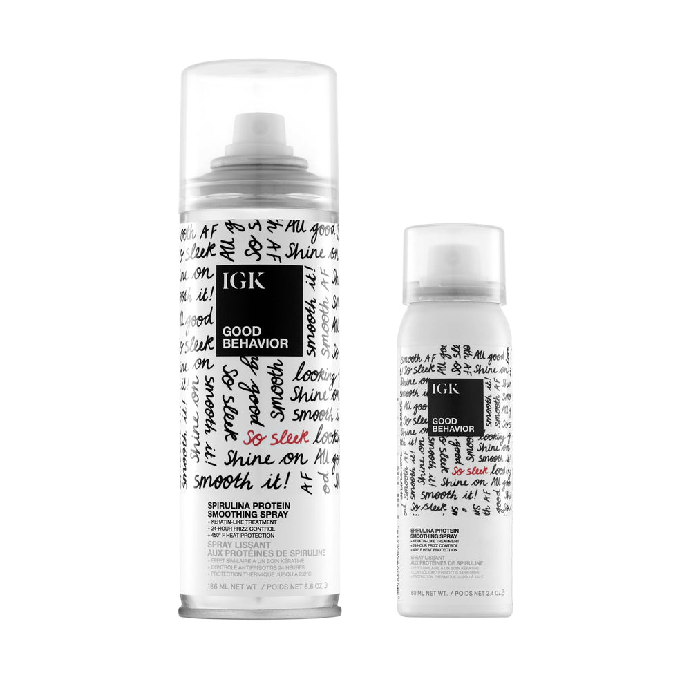 IGK Good Behavior bundle: full and travel bottles for keratin-like smoothing and frizz control.