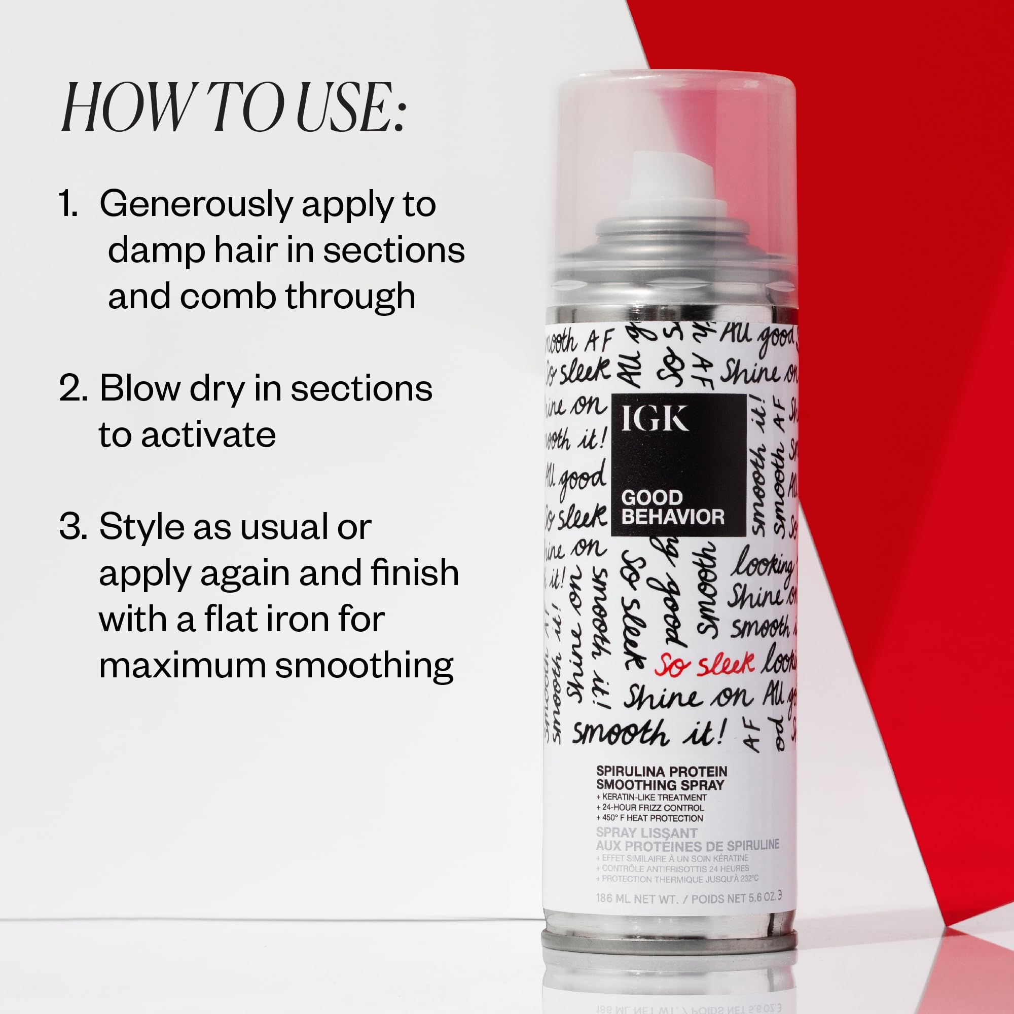 IGK GOOD BEHAVIOR hair shine close-up shows salon-like gloss and frizz resistance.