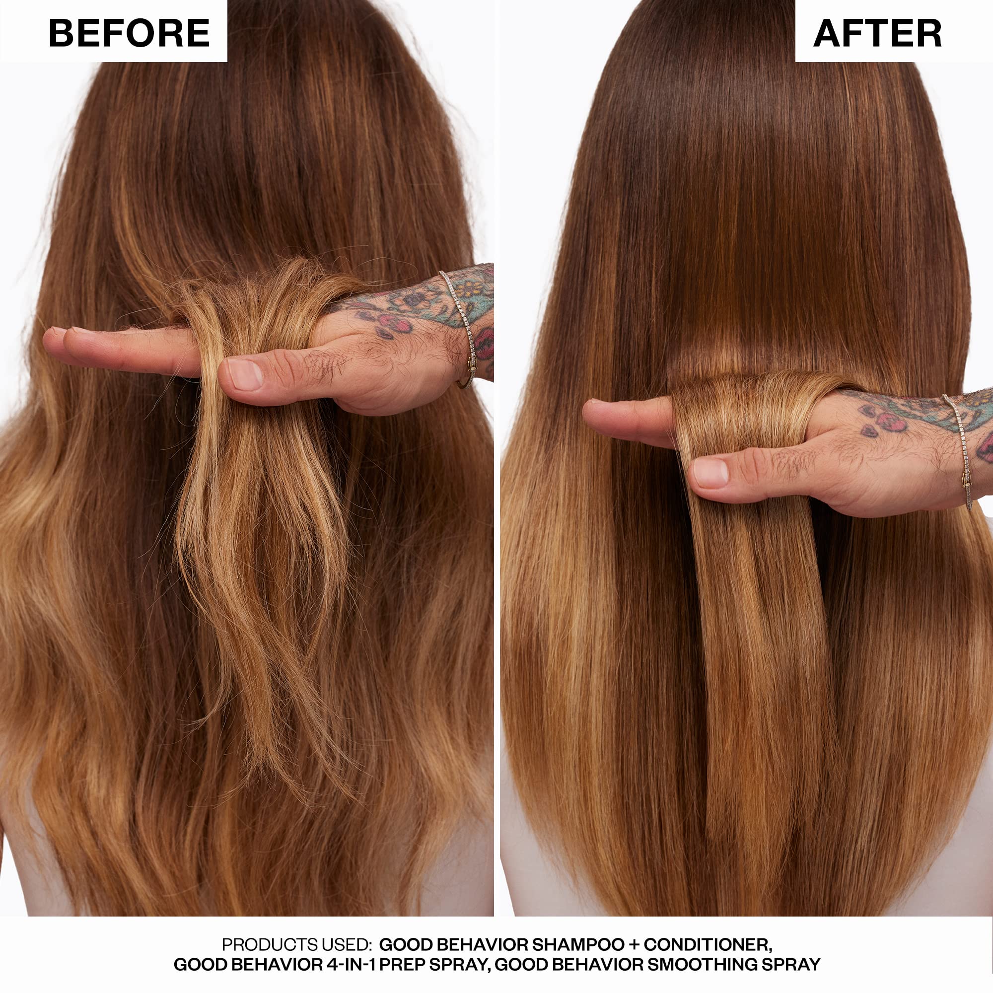 IGK GOOD BEHAVIOR smoothing spray on model demonstrates keratin-like smoothness without formaldehyde.