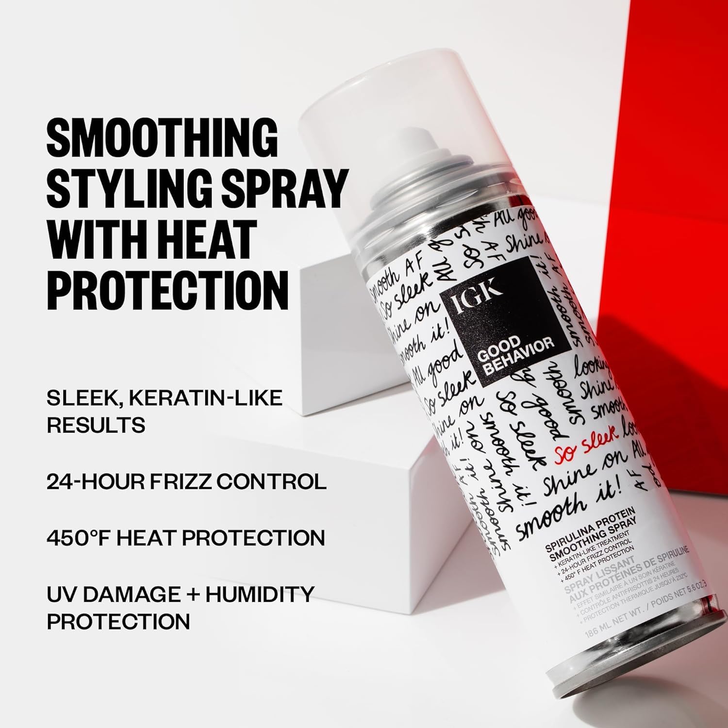 IGK GOOD BEHAVIOR 5.6oz bottle highlights heat protection during blowout.
