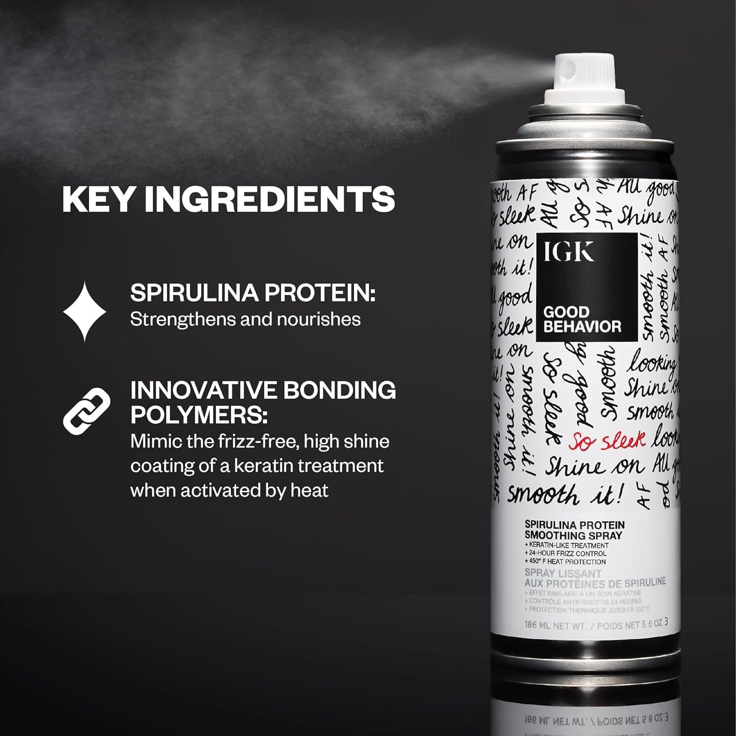 IGK GOOD BEHAVIOR spray bottle close-up for frizz control during styling.