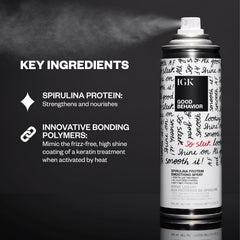 IGK GOOD BEHAVIOR spray bottle close-up for frizz control during styling.