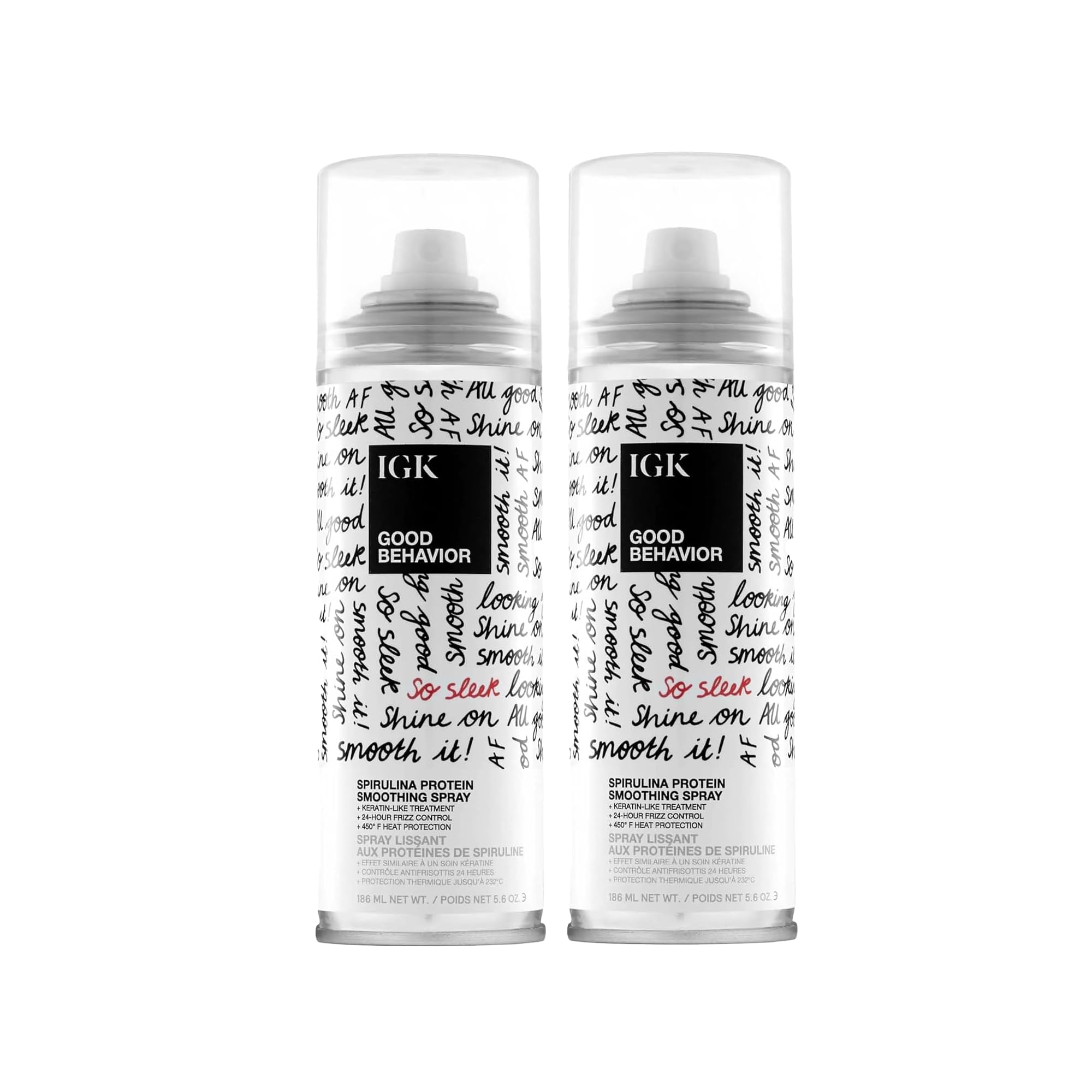 IGK GOOD BEHAVIOR pack of 2 bottles, keratin-like smoothing ready for heat styling.