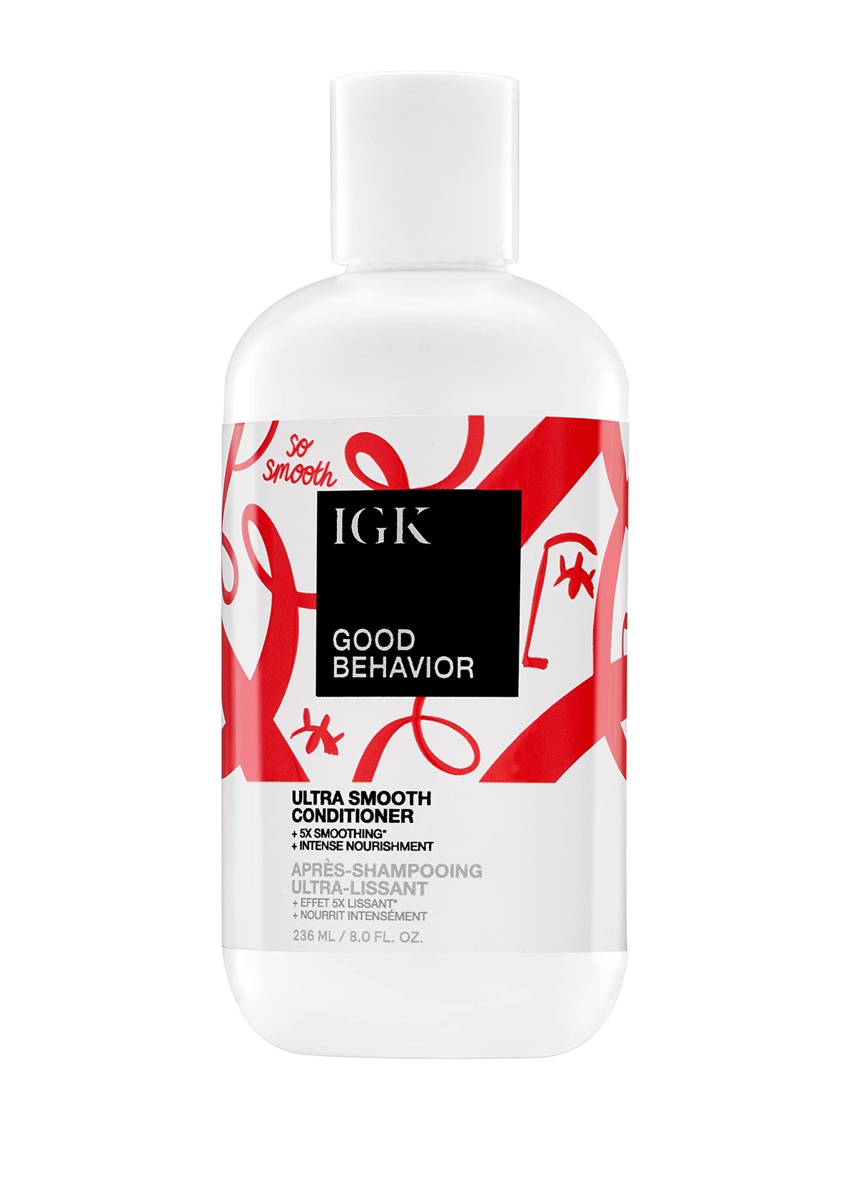 IGK Good Behavior conditioner bottle shows silky texture and frizz-control for smoother hair.