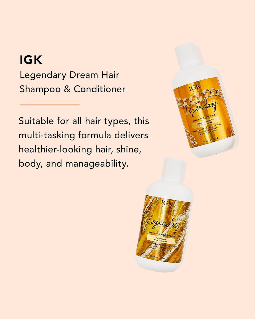 IGK Legendary Dream bottle label detail highlights usage suggestions.