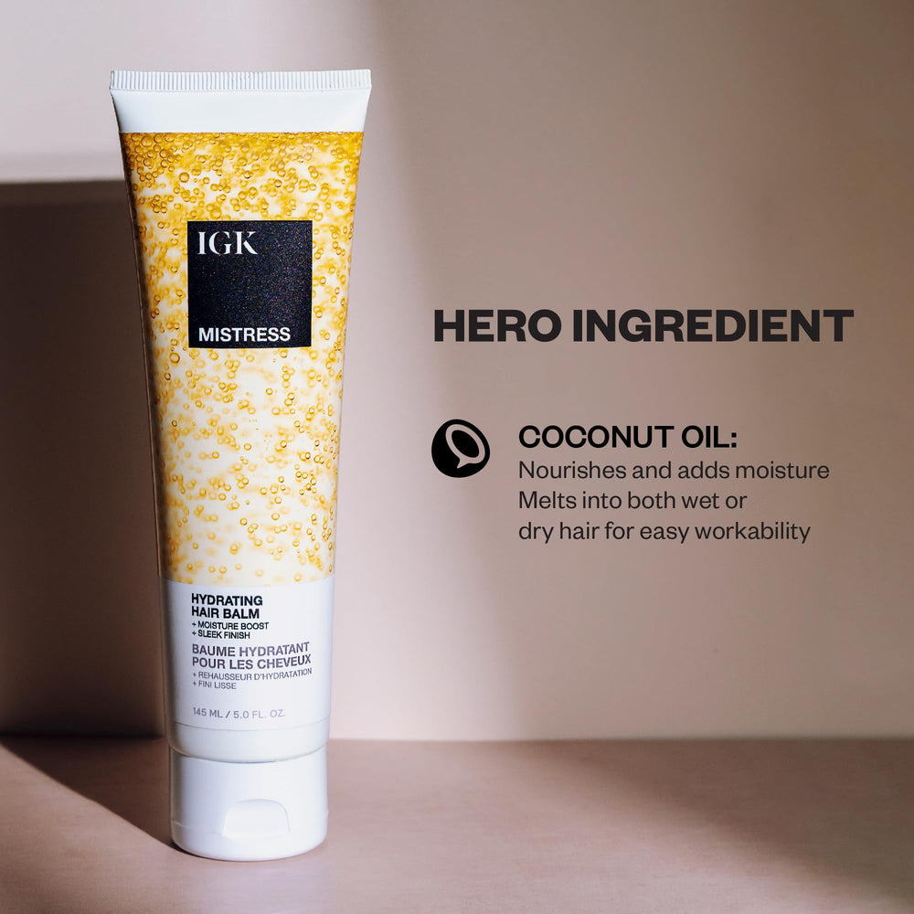 IGK Mistress hair balm texture close-up shows smooth, frizz-control feel.