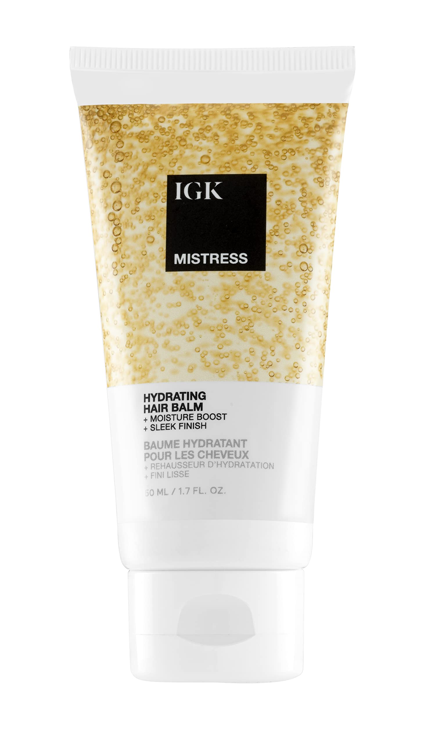 IGK Mistress hydrating hair balm bottle shows lightweight hydration and frizz control.