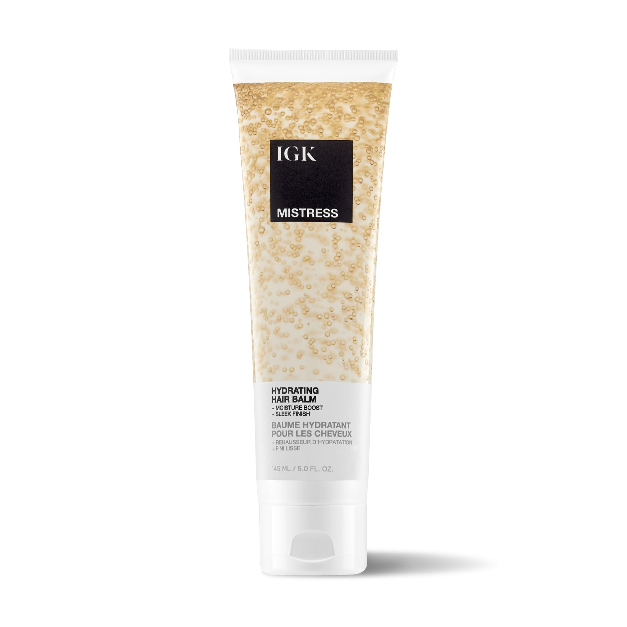 IGK Mistress hydrating hair balm bottle boosts hydration and shine.