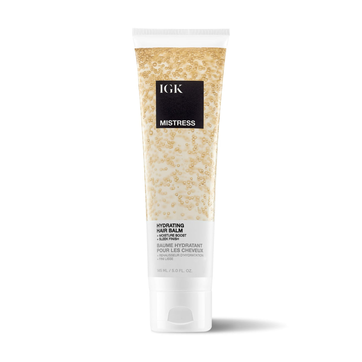 IGK Mistress hydrating hair balm bottle boosts hydration and shine.