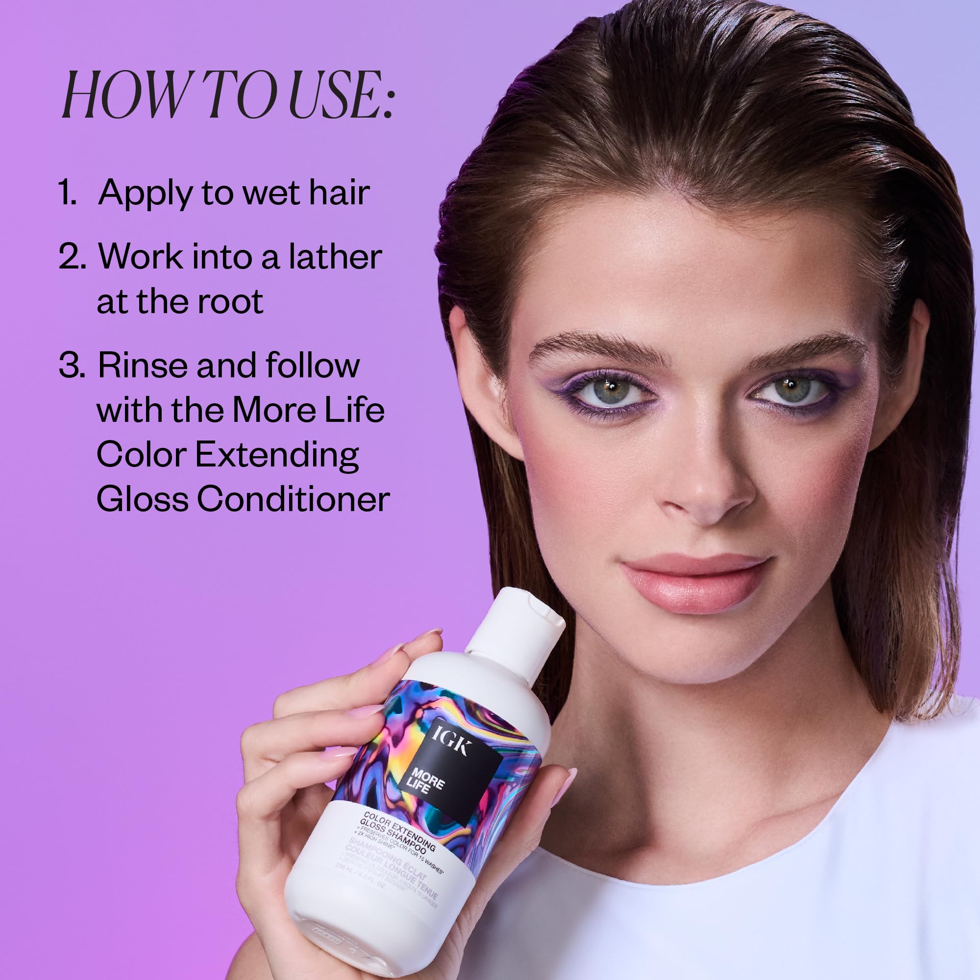 IGK MORE LIFE shampoo on sink depicts everyday color-treated hair care routine