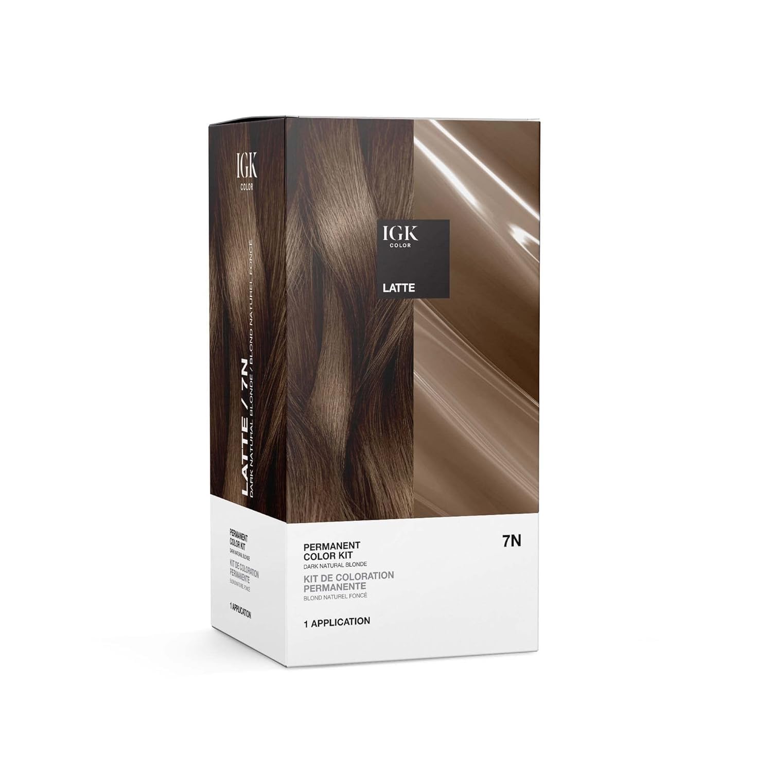 IGK permanent dye color kit 7N Latte packaging showing premium salon-grade box for at-home color