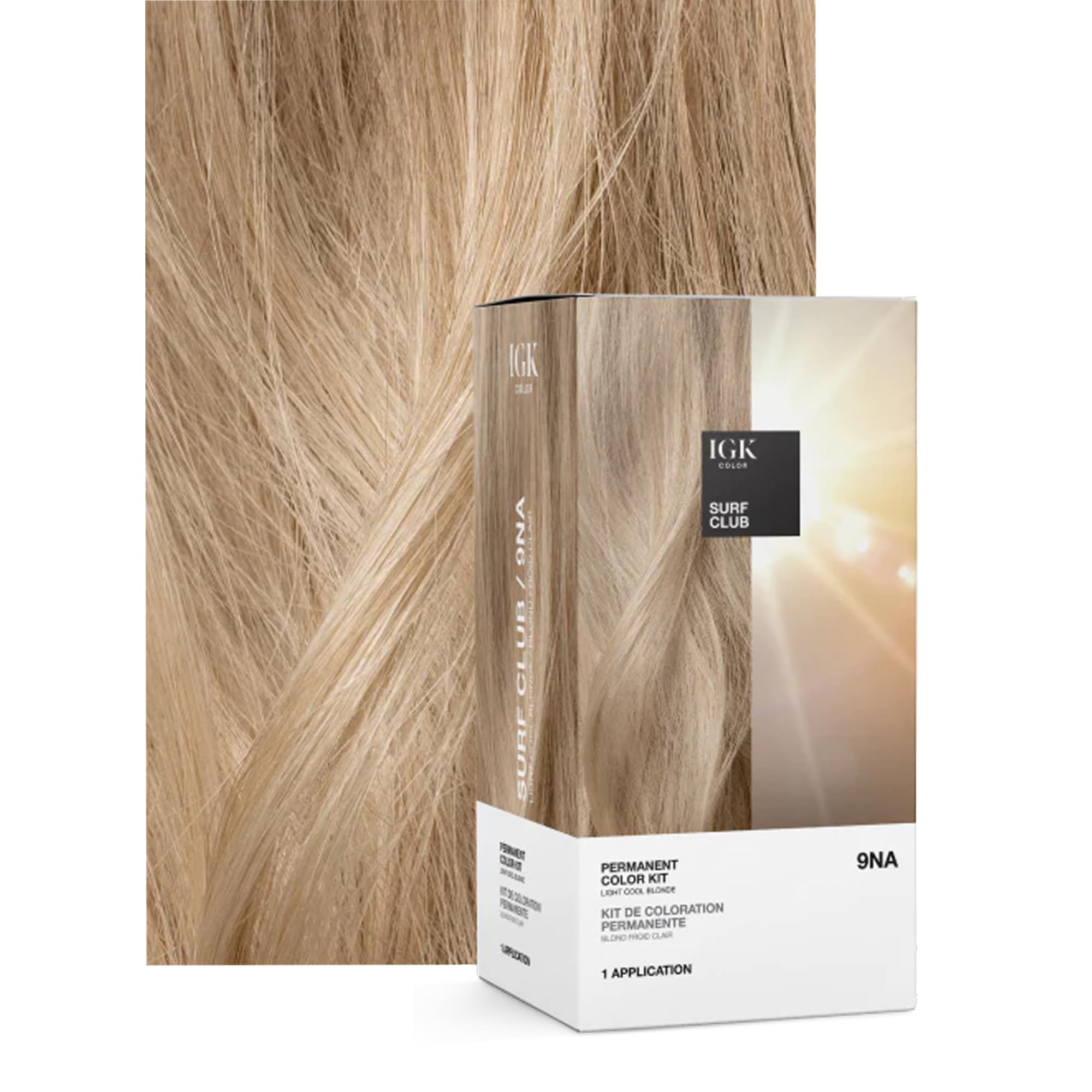 IGK 9NA Surf Club shade card highlights cool blonde result and gray coverage possibilities.