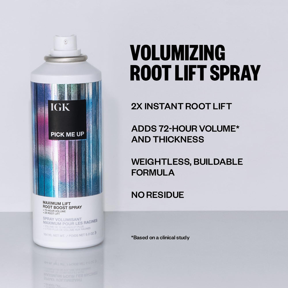 IGK Pick Me Up spray dispense demonstrates easy root lift on damp or dry hair.