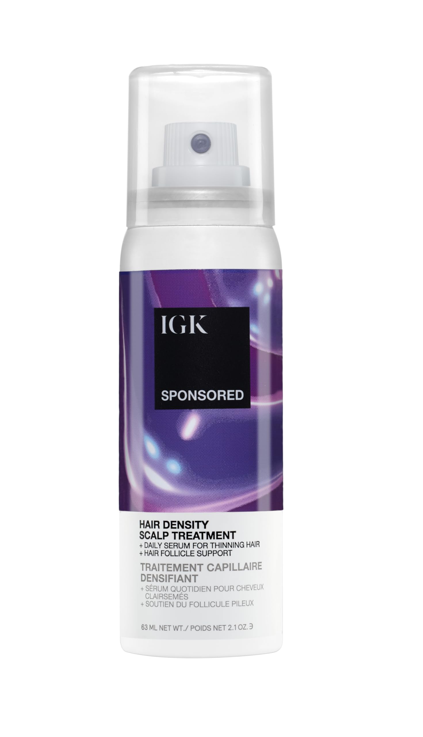 IGK Sponsored scalp-treatment bottle closeup highlighting serum-in-mist for easy daily use