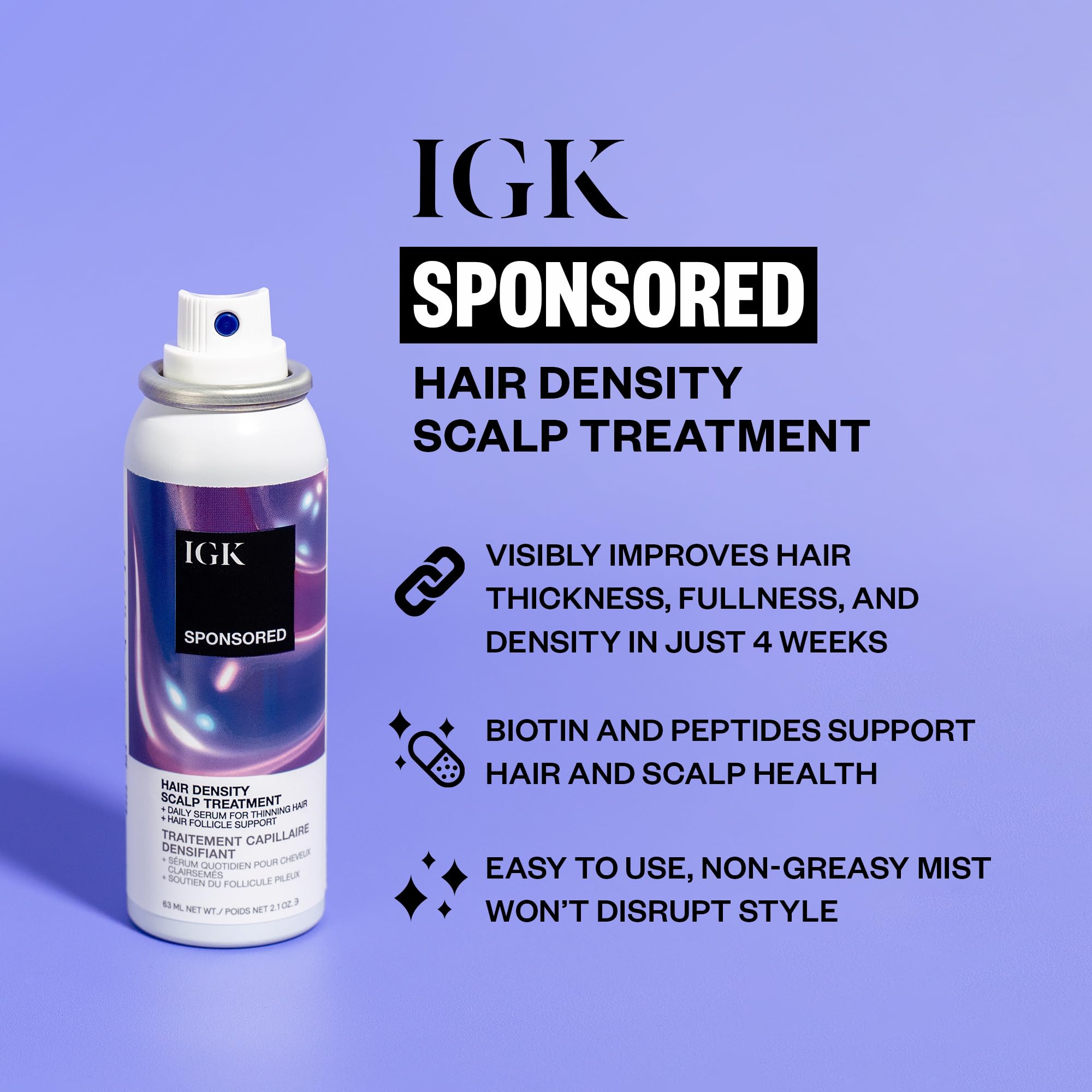 IGK Sponsored serum-in-mist application captured mid-spray for mess-free styling