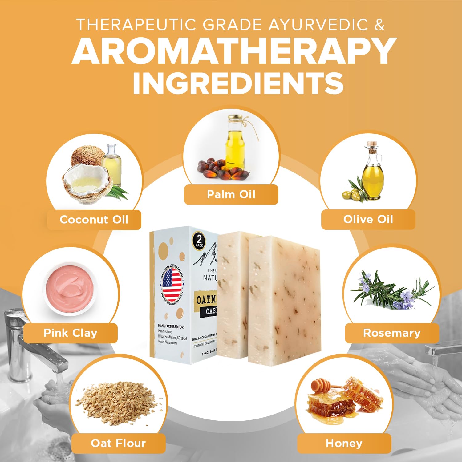 iHeart Nature Honey Oats Rosemary ingredients arrangement highlights nourishing essential ingredients.