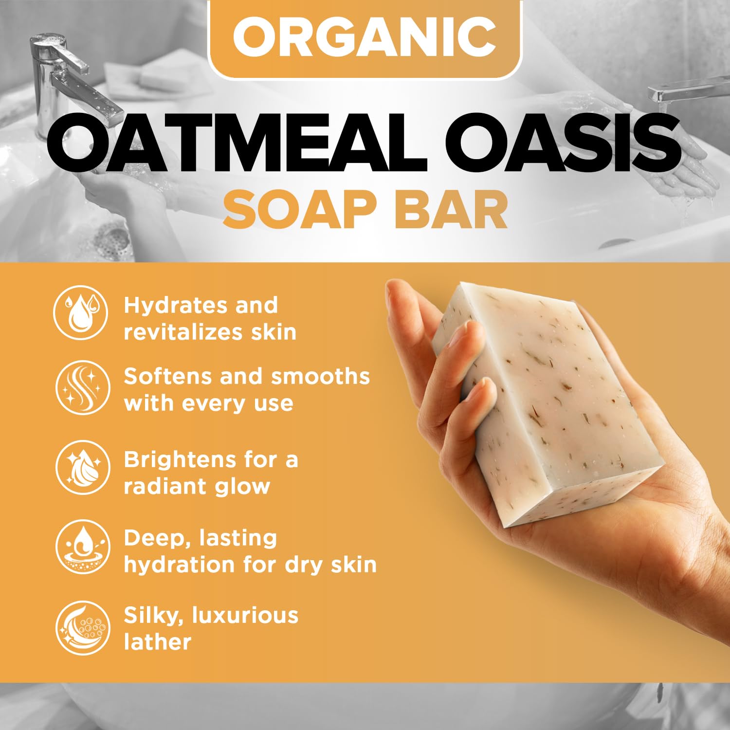 iHeart Nature Oatmeal Soap bar closeup reveals creamy lather for sensitive skin.