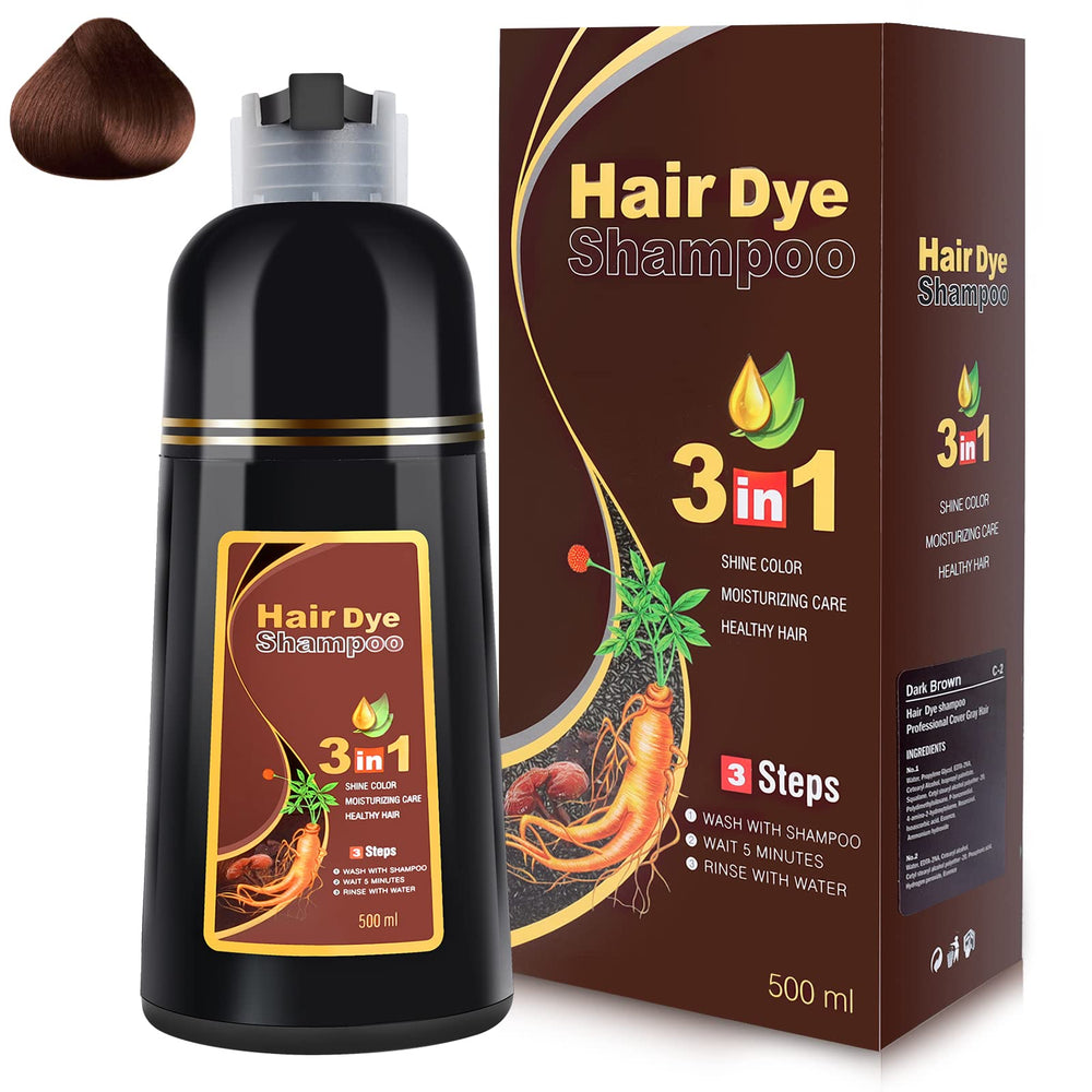 IIIMEIDU dark brown hair dye shampoo bottle demonstrates at-home color solution.