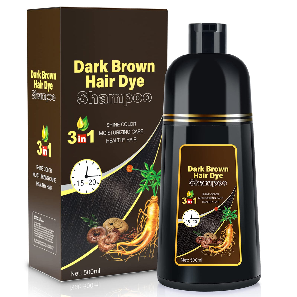 IIIMEIDU dark brown hair dye shampoo bottle showing gray coverage at home.