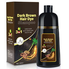 IIIMEIDU dark brown hair dye shampoo bottle showing gray coverage at home.