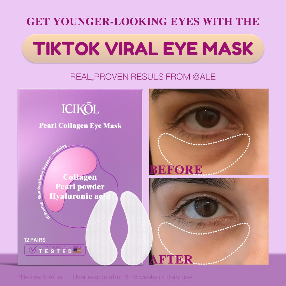 ICIKOL collagen under-eye patches applied on eye shows comfortable fit for morning puffiness care