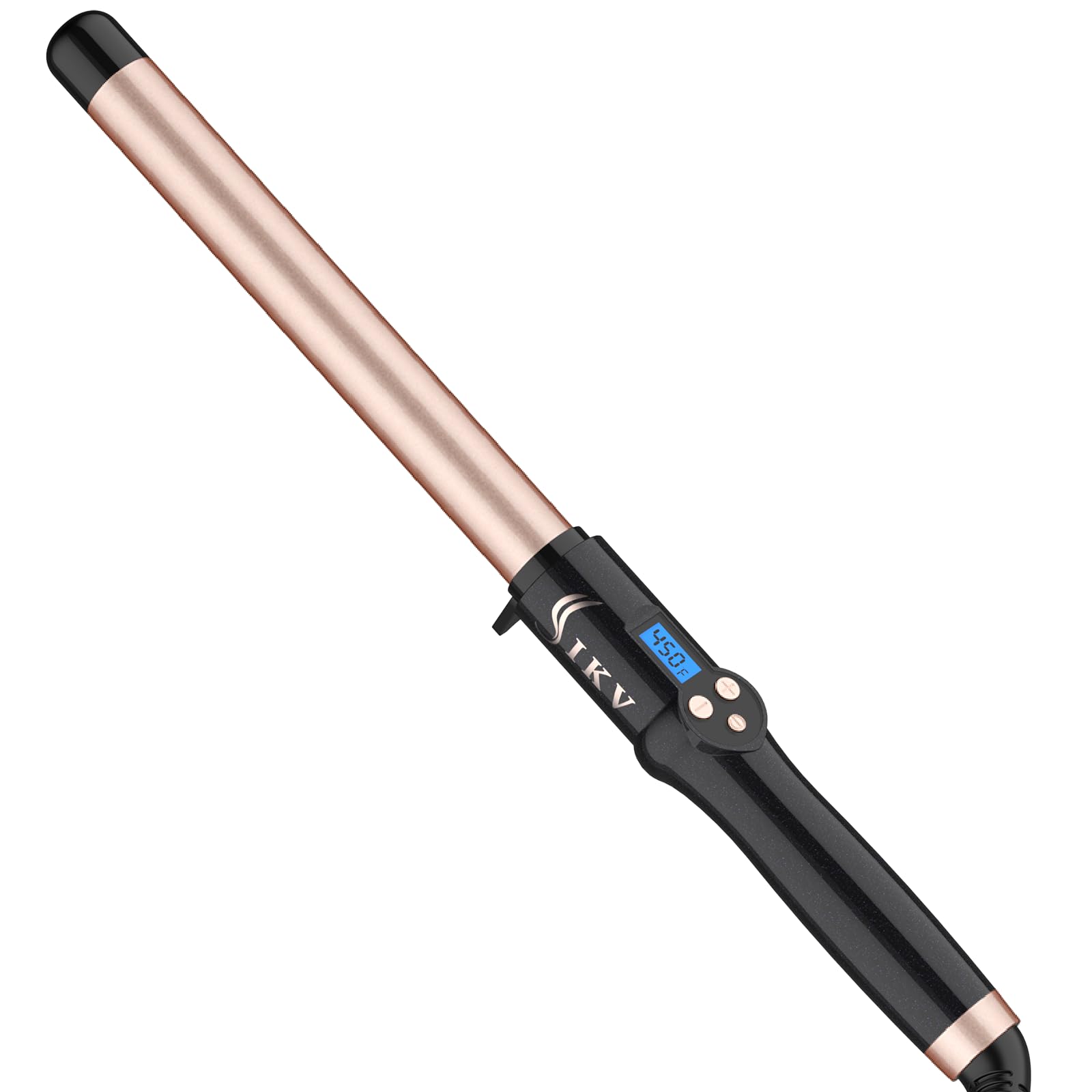 IKV 1-inch curling wand closeup shows tourmaline ceramic barrel for smooth, frizz-free styling.