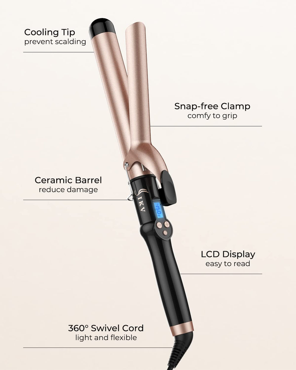 IKV curling iron dual-voltage global-travel close-up emphasizes worldwide usability