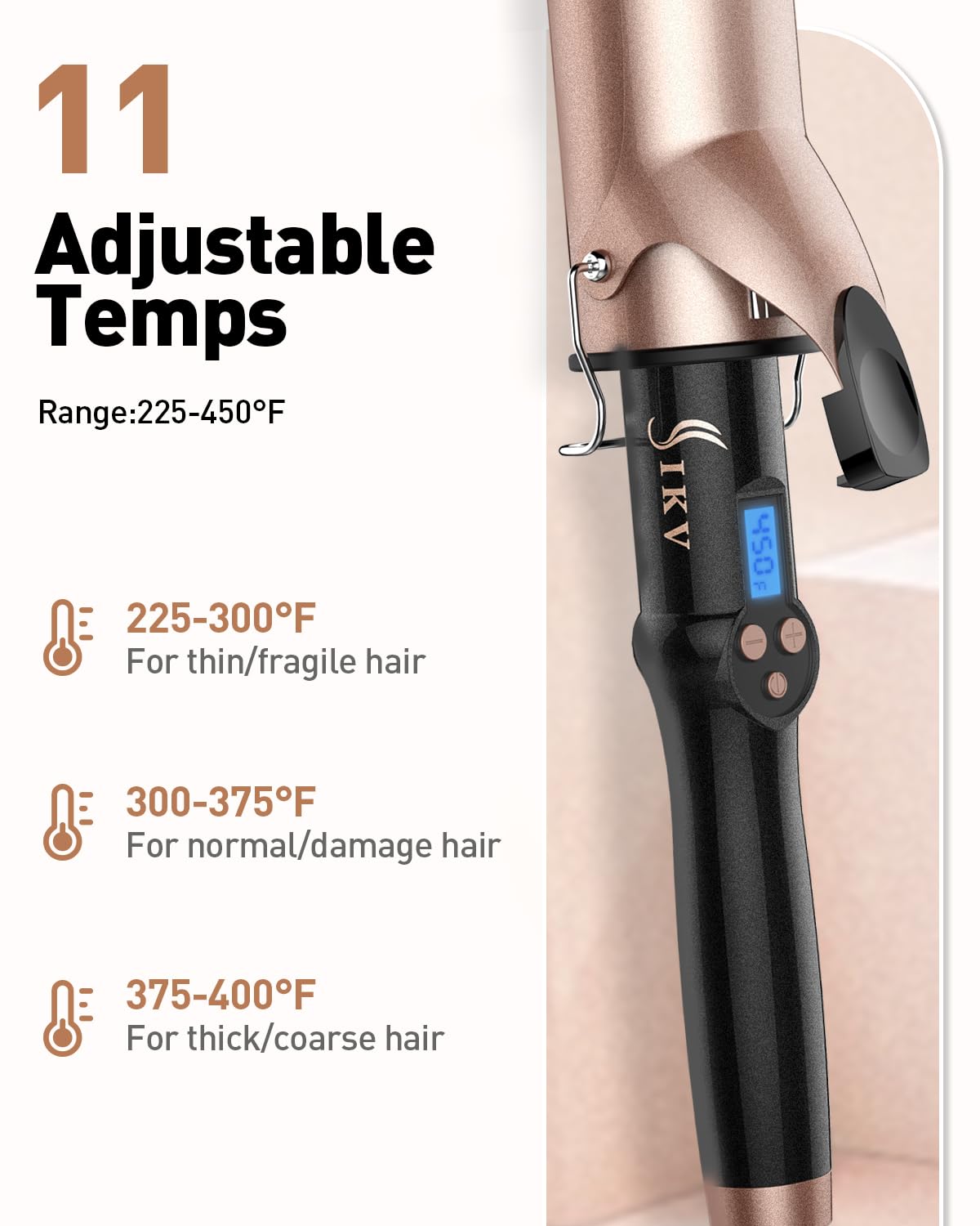 IKV curling iron digital LED readout showing precise temperature
