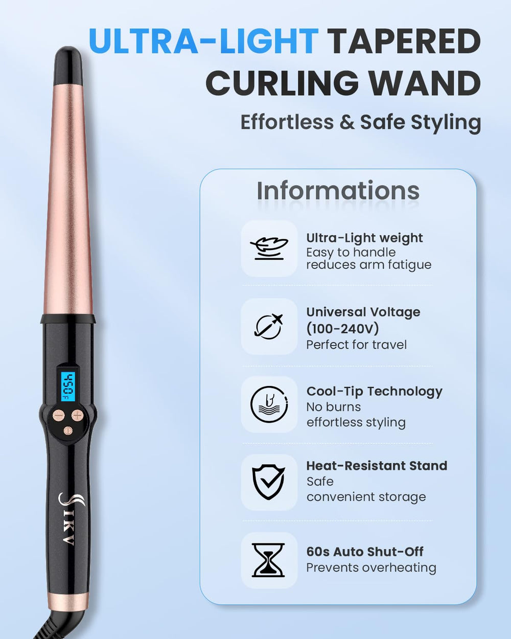 IKV curling wand with heat-resistant stand and included glove