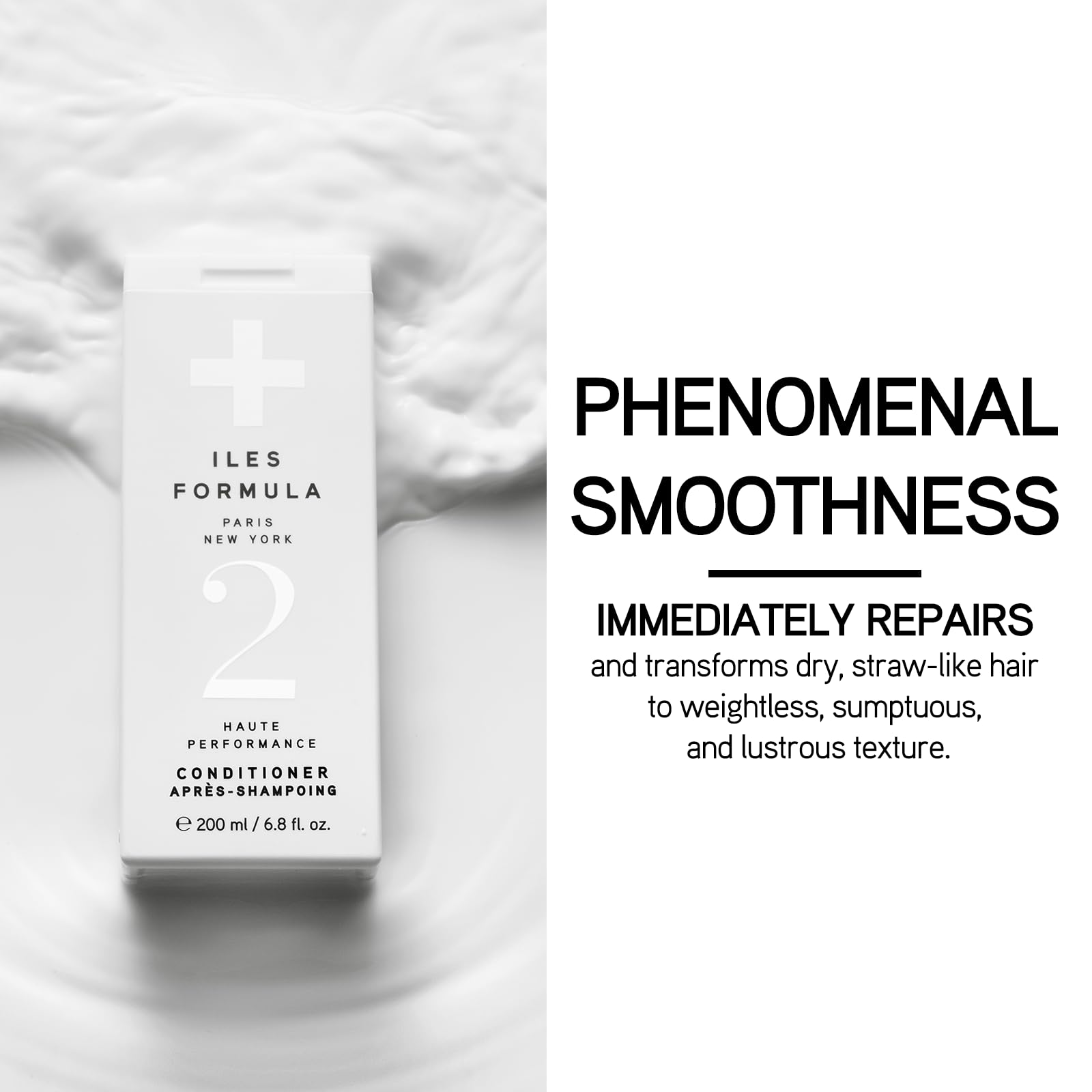 ILES FORMULA conditioner bottle in bathroom for frizz control.
