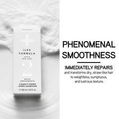 ILES FORMULA conditioner bottle in bathroom for frizz control.