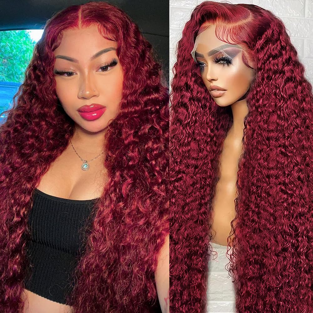 ILHILH 99J Burgundy wig front view showcases deep wave texture for versatile styling.