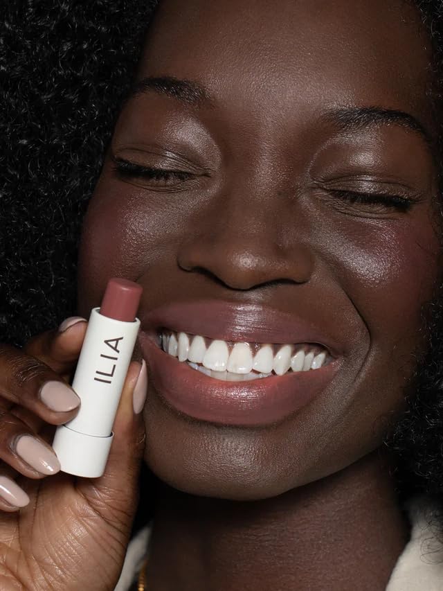ILIA Balmy Tint Memoir soft-shine texture on lips for casual, low-maintenance glamour.