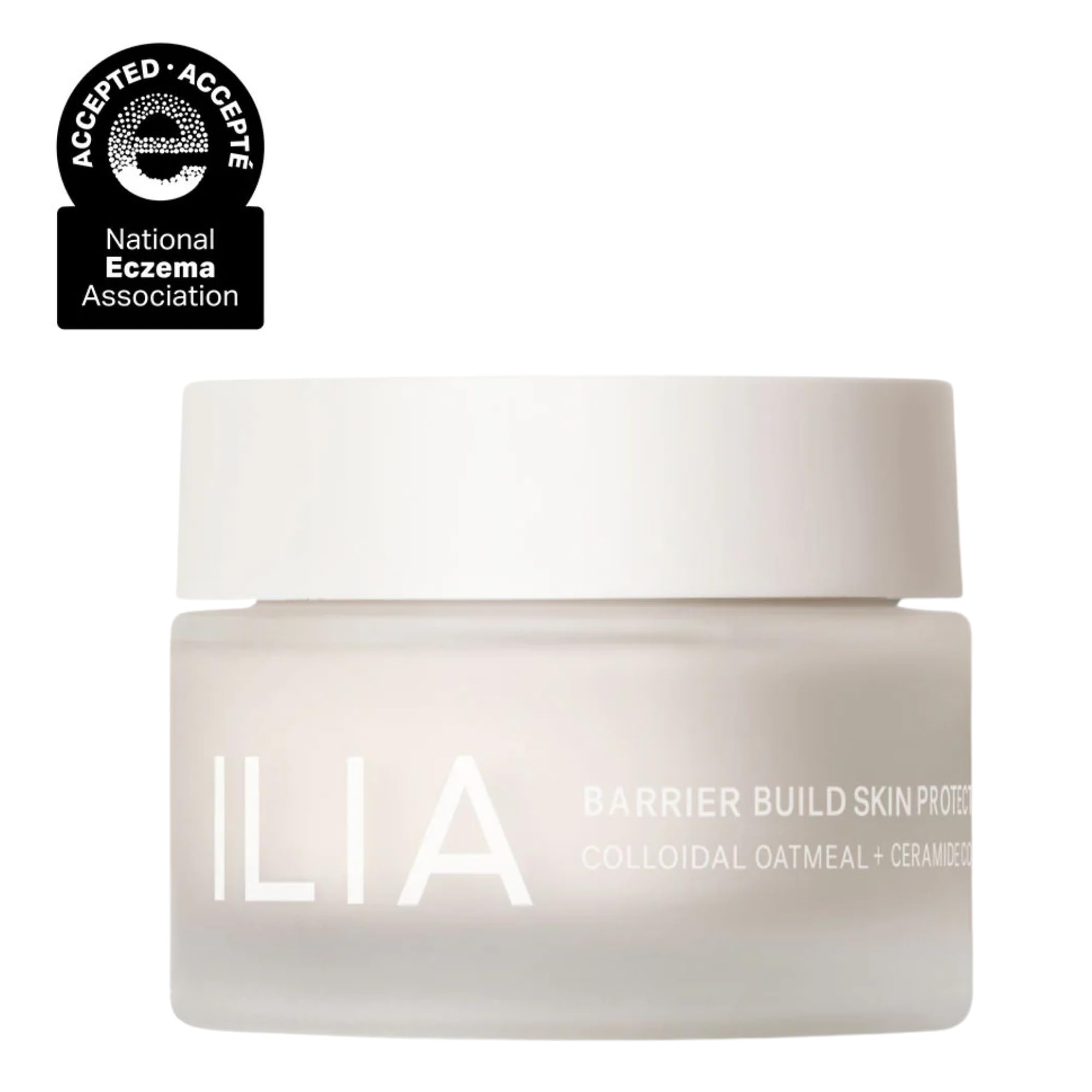 ILIA Barrier Build Cream on bathroom shelf conveys calming skincare routine.