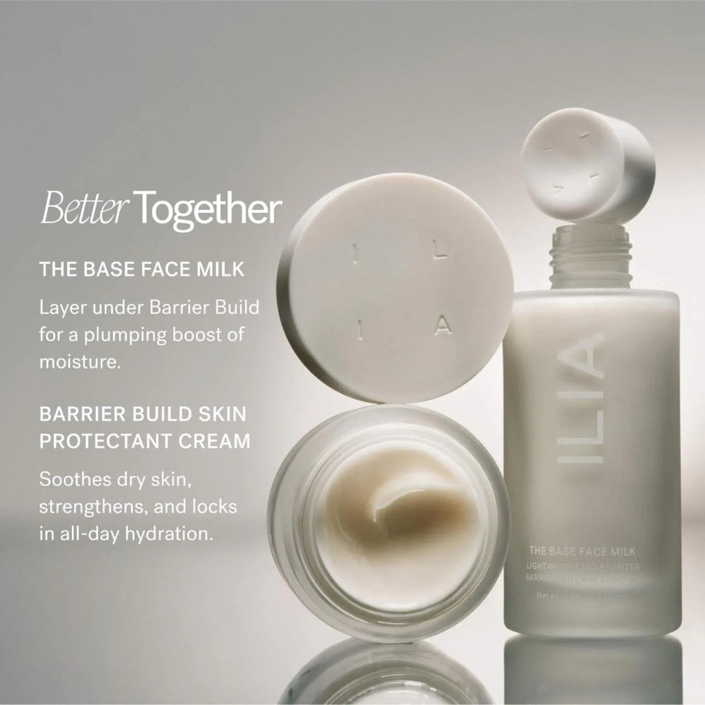 ILIA Barrier Build Cream skin swatch shows visible hydration effect.