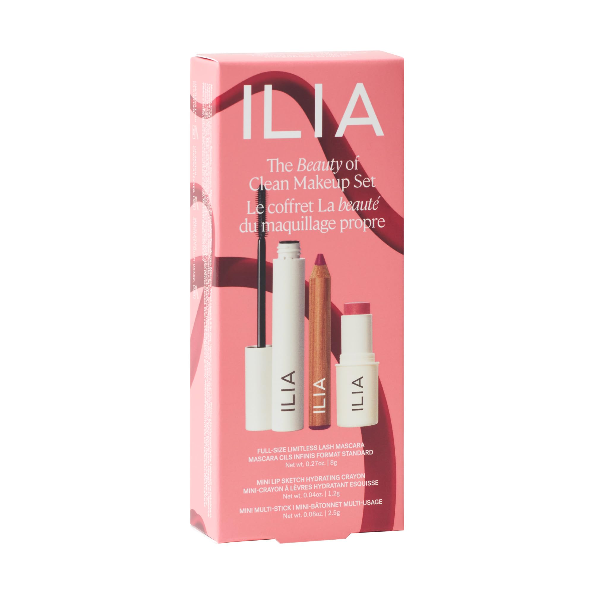 ILIA Beauty set display on dresser shows everyday-ready cosmetics for travel.