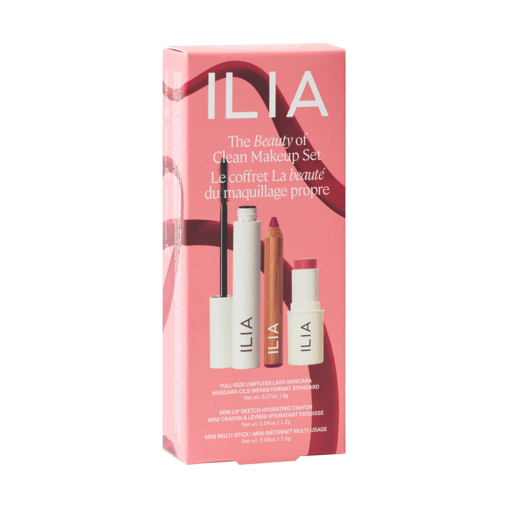 ILIA Beauty set display on dresser shows everyday-ready cosmetics for travel.