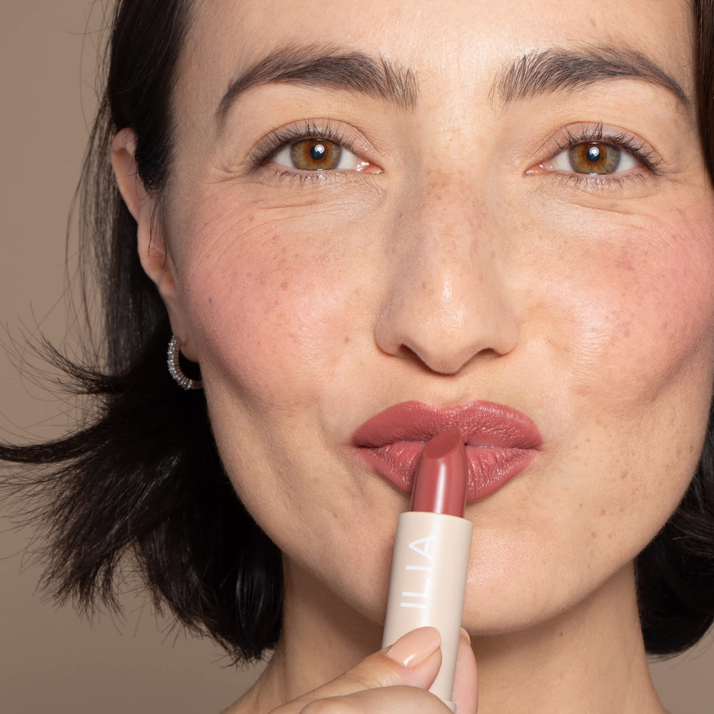 ILIA Color Block Lipstick Marsala on lips shows creamy, hydrating coverage