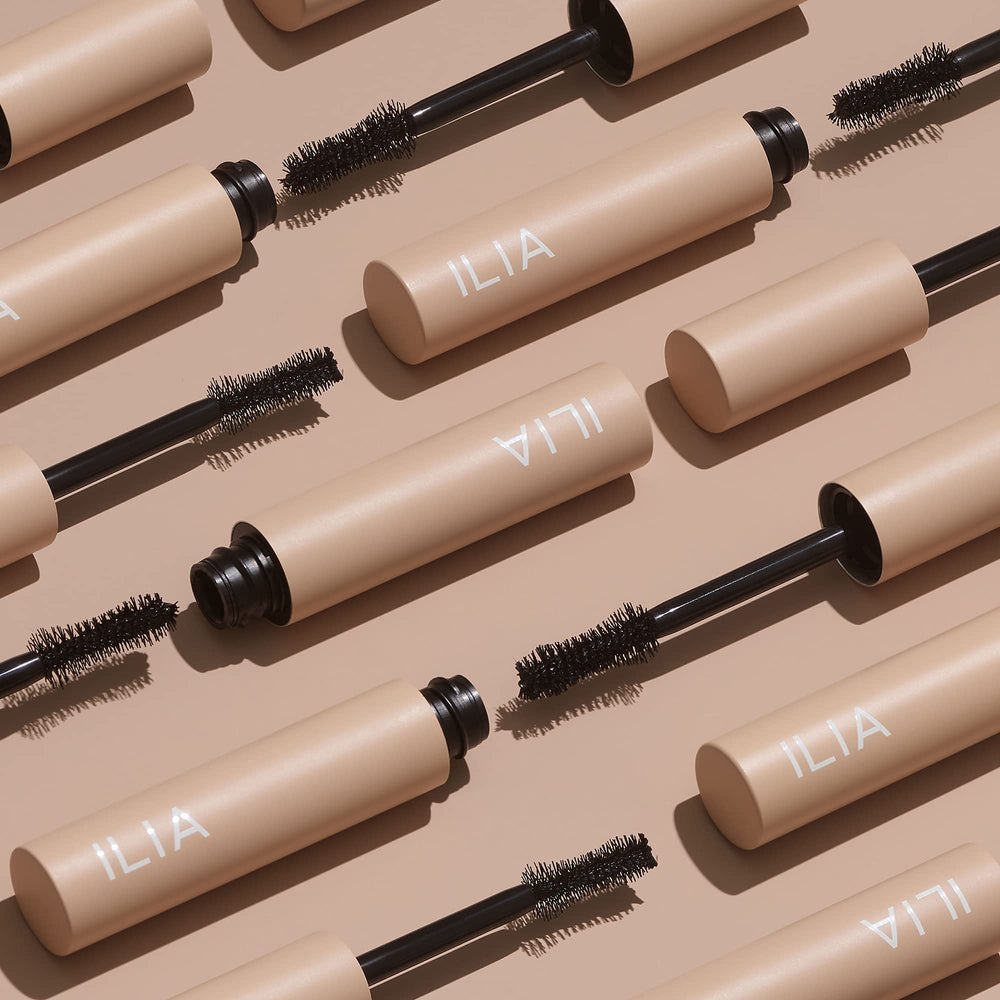 ILIA Fullest Volumizing Mascara tube label highlighting vegan, cruelty-free formula.