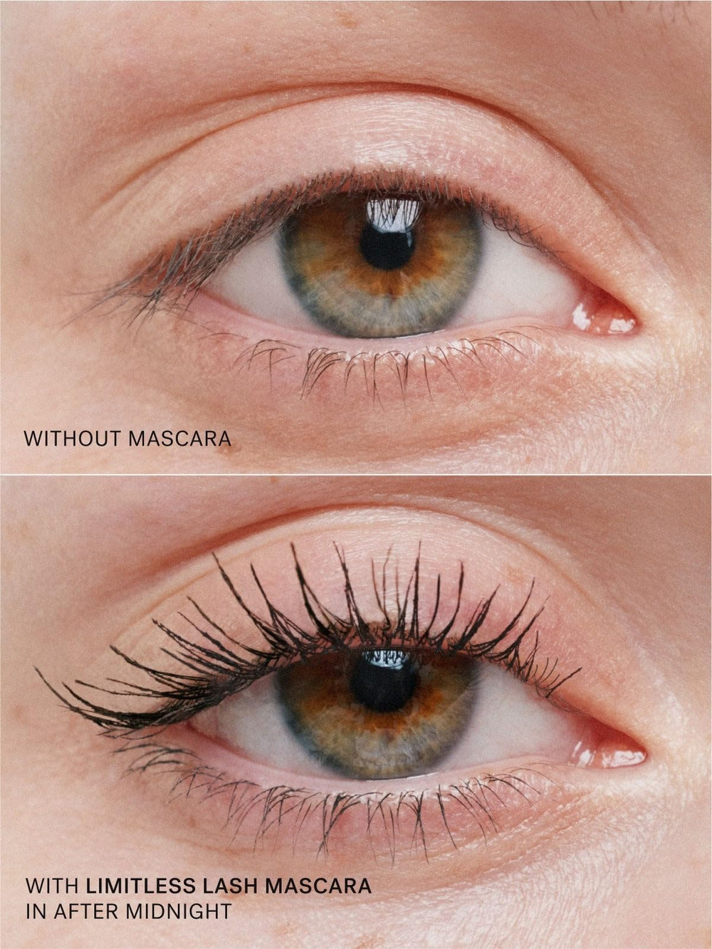 ILIA Limitless Lash Mascara applied on eyelids demonstrating defined, broad-eyed look.