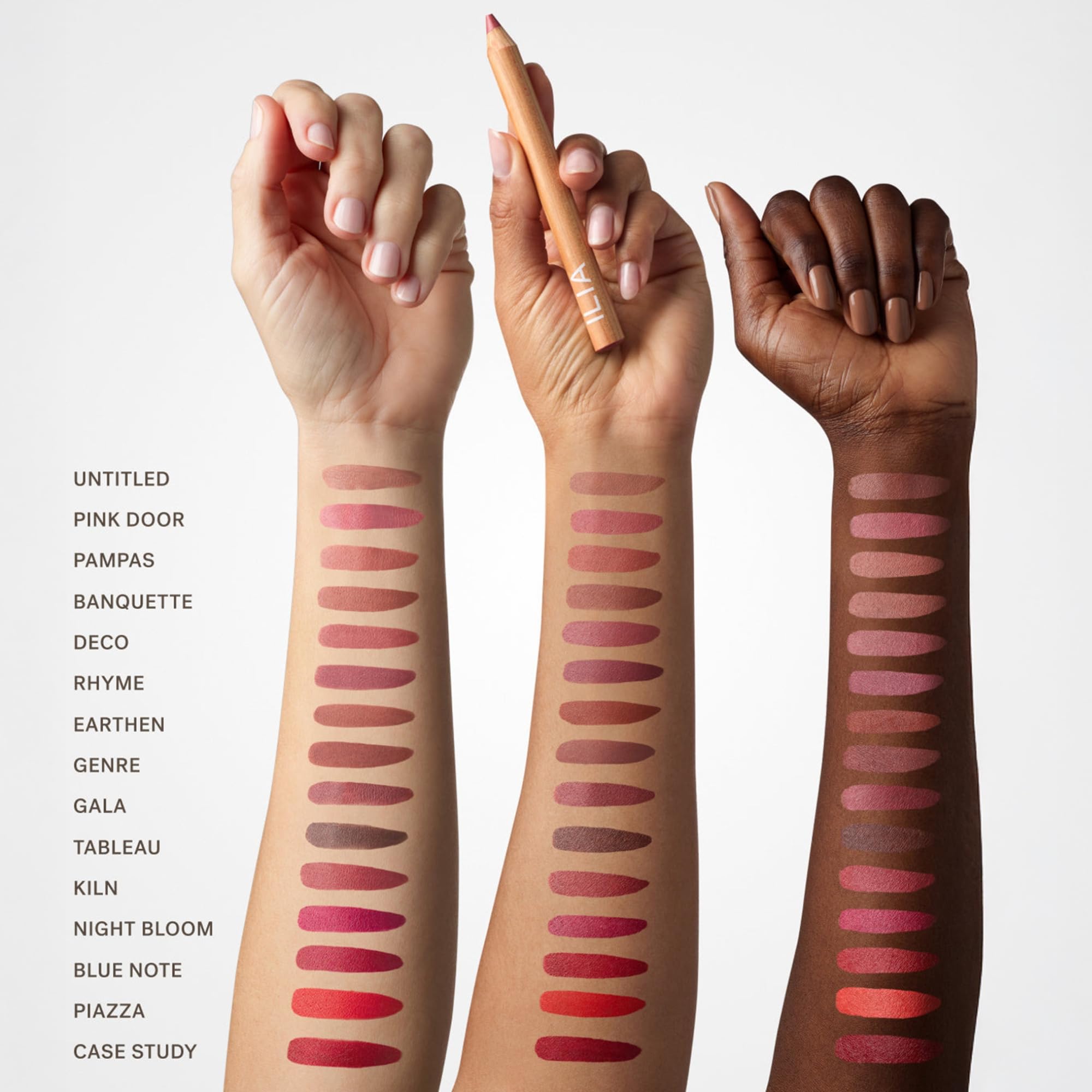 ILIA Lip Sketch Earthen swatch demonstrates versatile terracotta brown for day-to-night looks