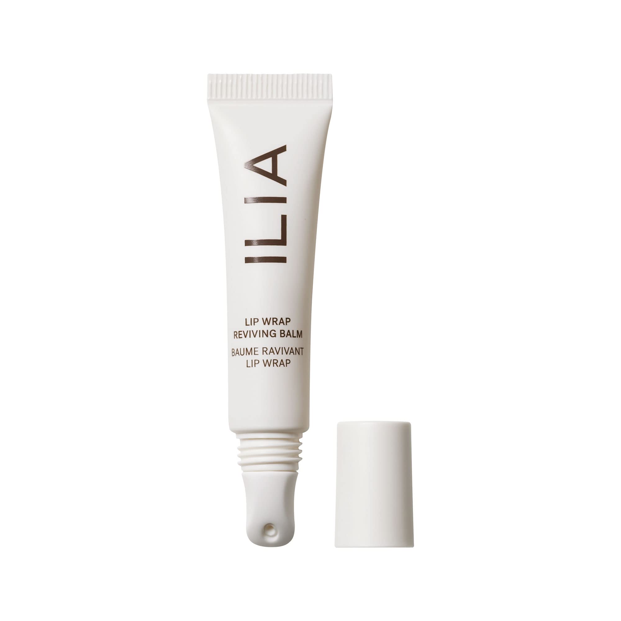 ILIA Lip Wrap Reviving Balm tube front provides barrier hydration in sleek packaging.